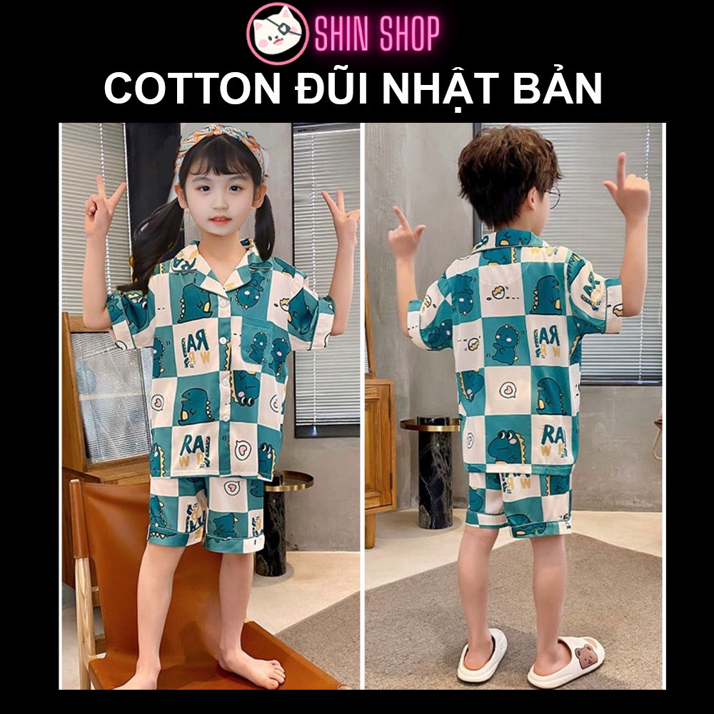 (9-47kg) ✅ Pizama Cotton Đũi Nhật Bản Áo cộc quần đùi ngắn Khủng long xanh CC04 trẻ em đồ ngủ| bộ đi chơi bé trai gái