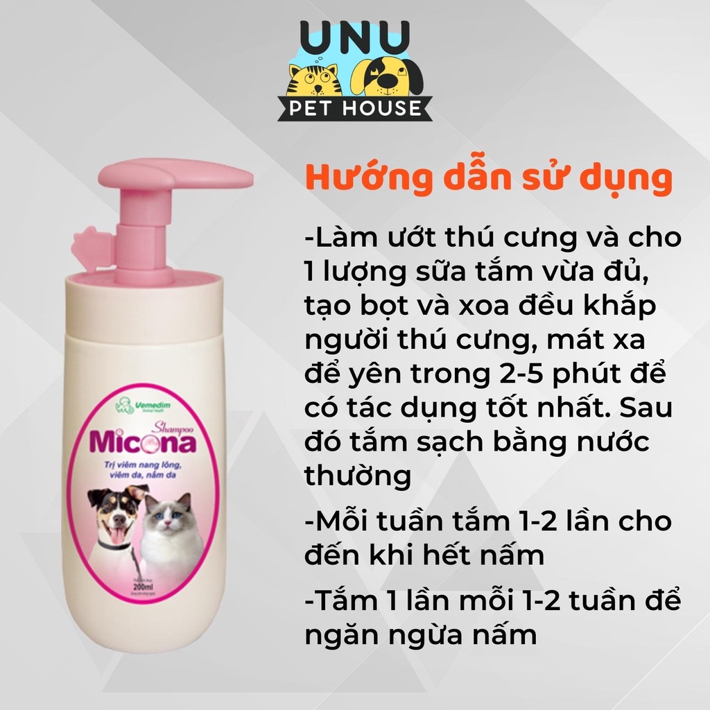 Sữa tắm cho chó mèo MICONA ngăn ngừa nấm, viêm da, viêm nang lông, giảm rụng lông, giảm mùi hôi, chai 200ml – UNU Pe