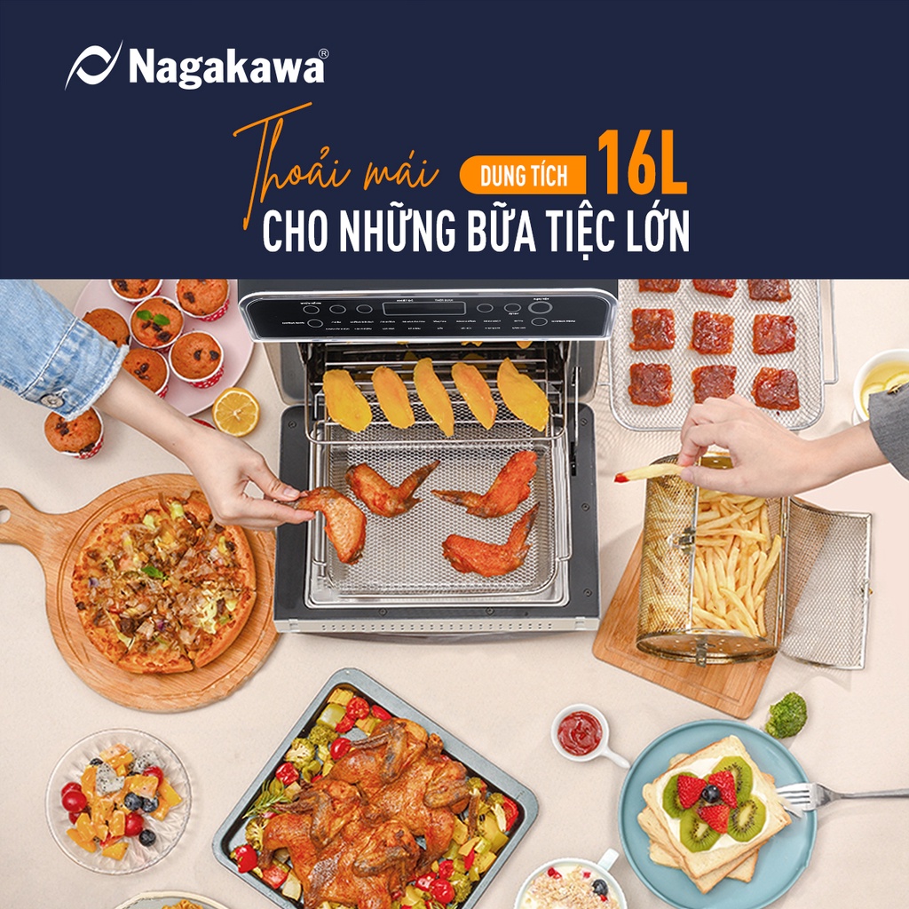 Lò Chiên Không Dầu Nagakawa NAG3308,Dung Tích 16L, Công Suất 1600W, Bảo Hành Chính Hãng 12 Tháng
