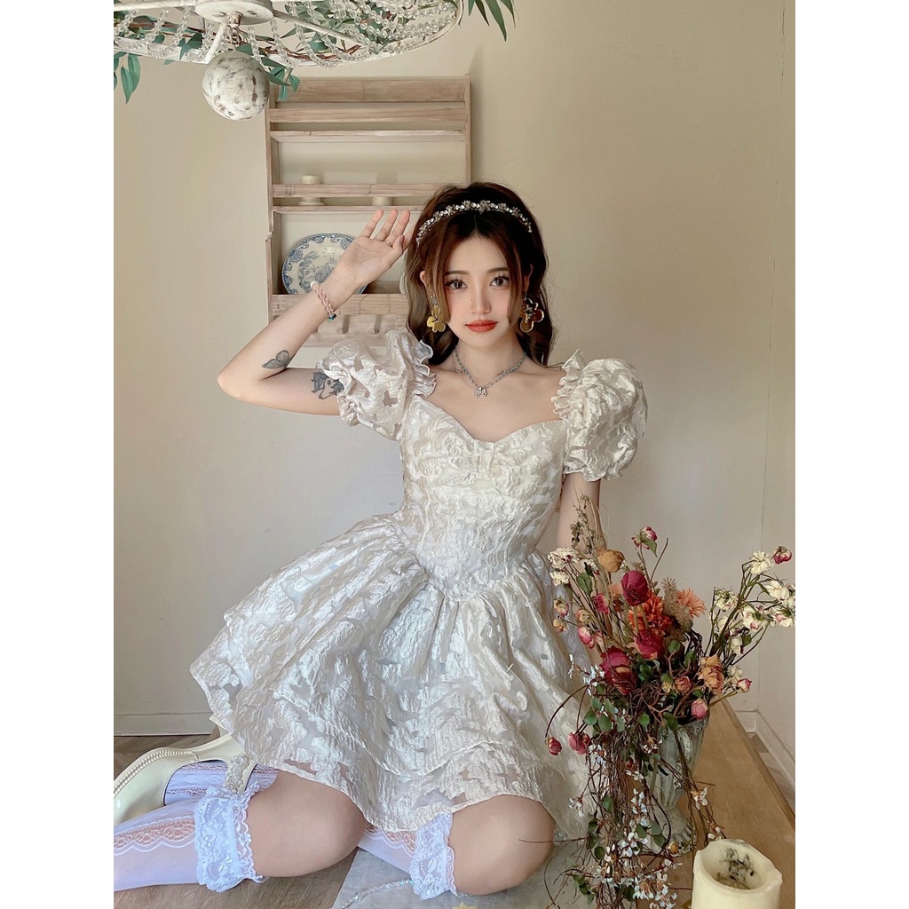 Đầm Nữ Tiểu Thư Tay Bồng, Váy công chúa xoè ren thêu 2 tầng hàng Quảng Châu_HaBi Fashion