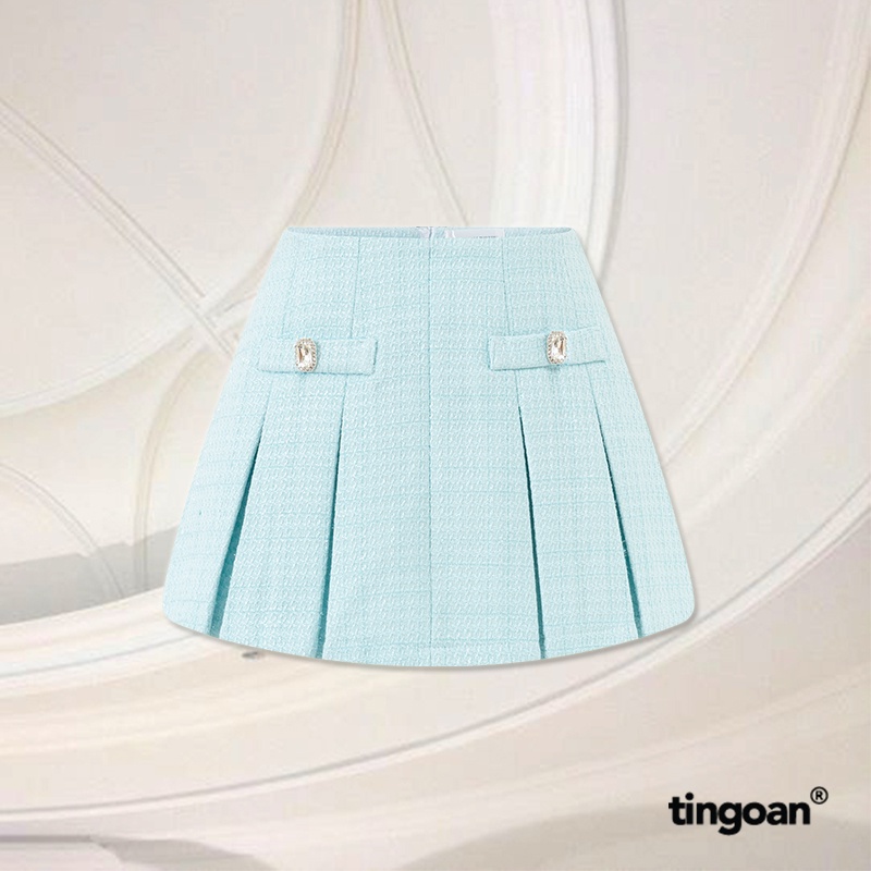 TINGOAN®  -  Chân váy cạp thường xếp li tweed xanh đính cúc đá tingoan BABY DIAMOND SKIRT/BLUE