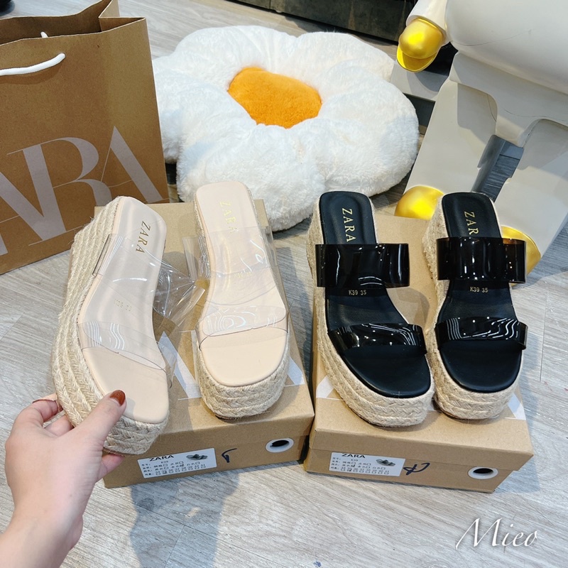 Dép lê xuồng zara quai mica đế cói fullbox