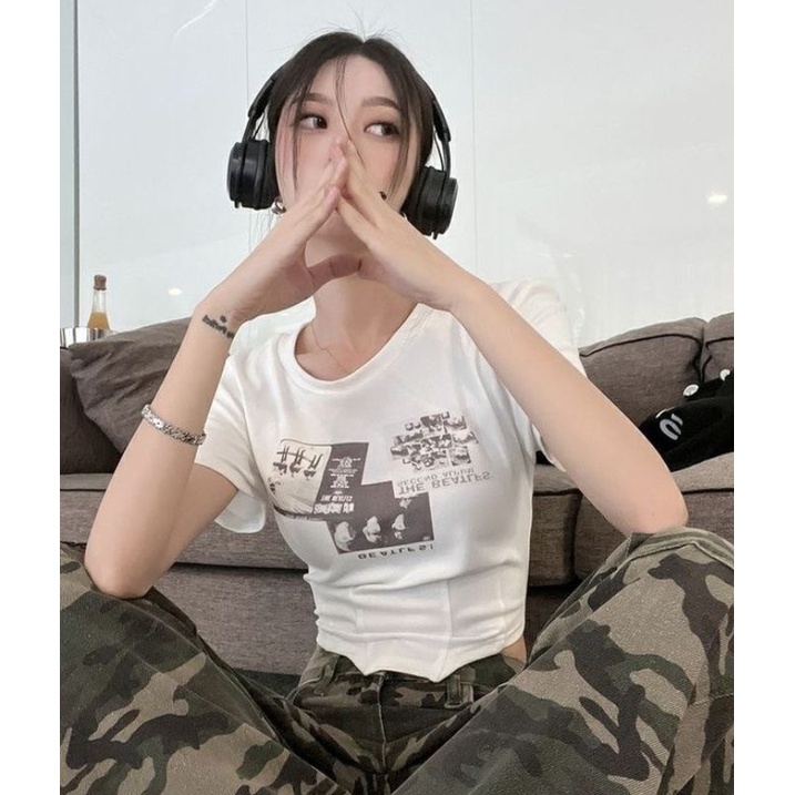 Áo Thun Dáng Ngắn Form Ôm Phong Cách retro Mỹ