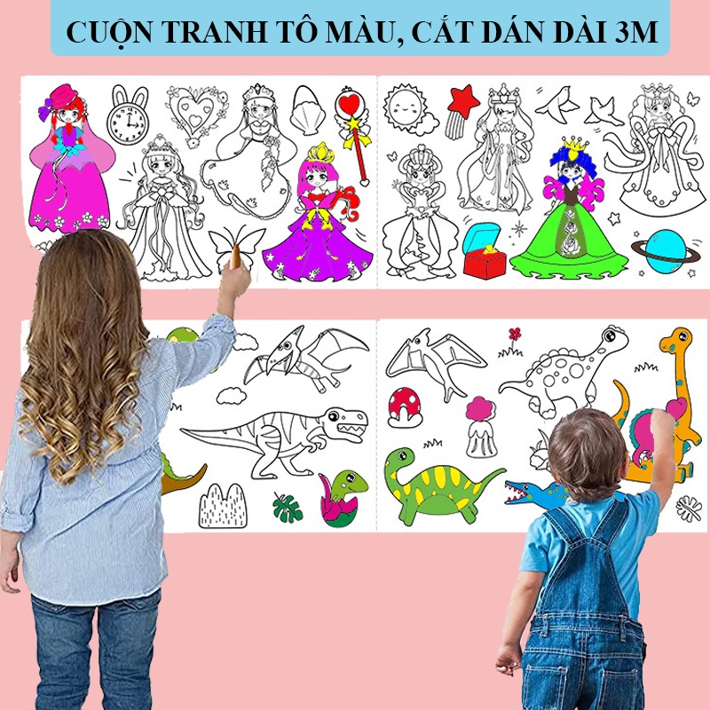 Cuộn tranh tô màu 3m có thể cắt dán làm sticker dài 3m rộng 30cm cho bé, dán lên tường không bong