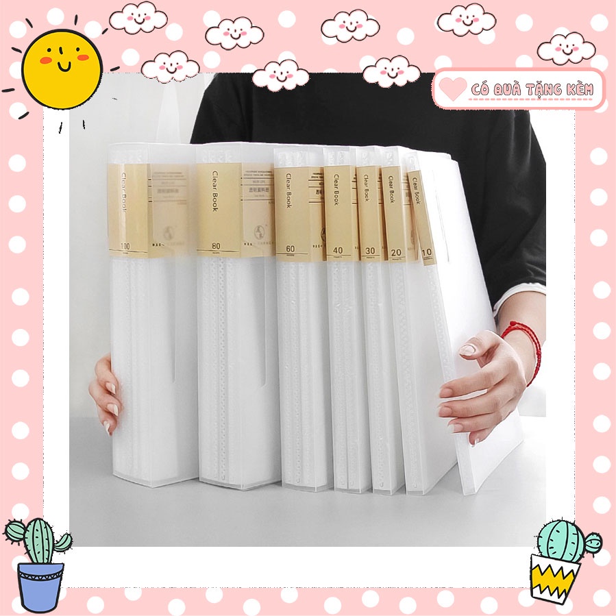 Bìa lá, File lá, Clear Book A4 trắng trong đủ kích cỡ 10/20/40/60/80/100 lá (có hộp)