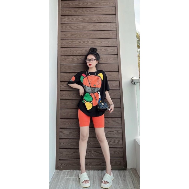 [3.3 Sales Freeship] Set bộ thun ngố đi chơi, set áo thun đen from rộng in hình gấu to phối quần lửng cam dễ thương