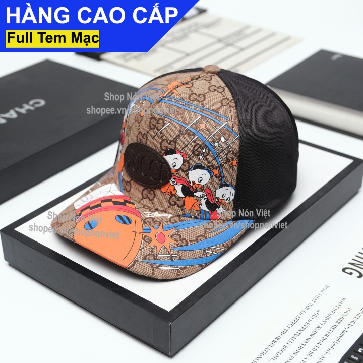 Mũ Lưỡi Trai Nón Kết GUCCI Vịt Donald Logo Thêu Nổi Hình Elip Vải Hoạ Tiết Kaki Cotton Màu Nâu Phối Lưới Đen Form Đ