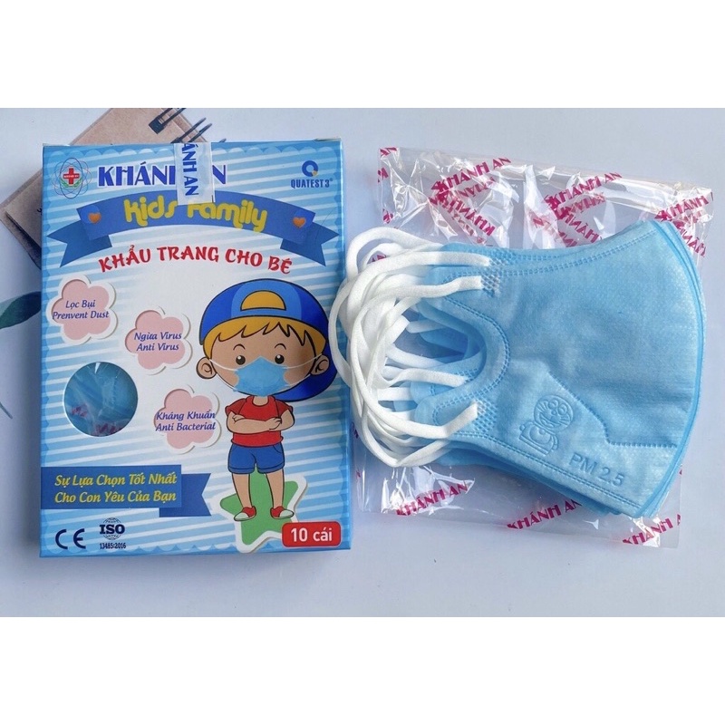 Hộp 10 cái khẩu trang 3d trẻ em Khánh An từ 1 đến 4 tuổi, nhiều màu hoạ tiết, không xù lông , hàng chính hãng