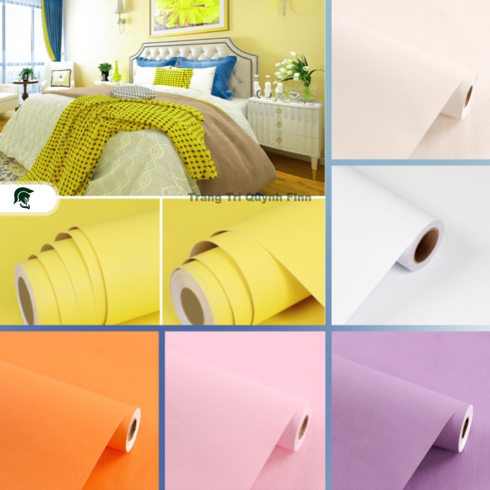 Giấy dán tường màu Pastel có sẵn keo decal dán tường một màu trắng xám ghi hồng xanh kem nhám