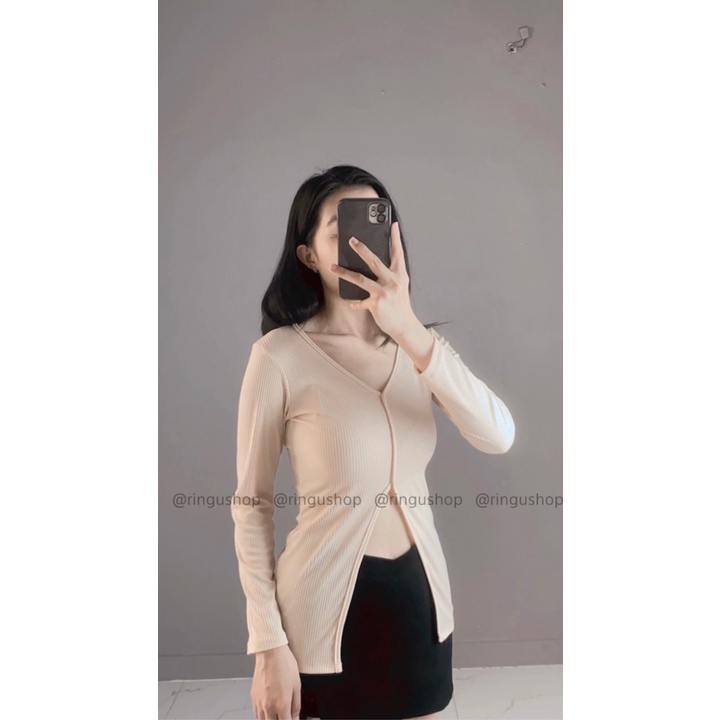 Aó thun tay dài cổ tim xẻ tà chất thun gân-ringushop