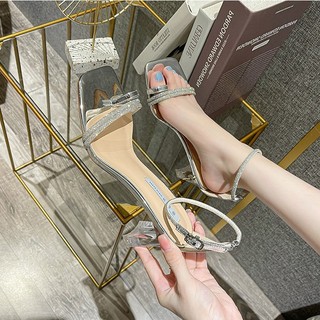 Giày sandal cao gót PTS35 mũi vuông, gót trong phối quai dây mảnh cao 7cm