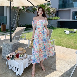 Váy đi biển dự tiệc cho nữ INFLACHI 2 dây trễ vai tay bồng họa tiết hoa màu sắc nổi bật đan lưng xinh xắn 6205 V-23