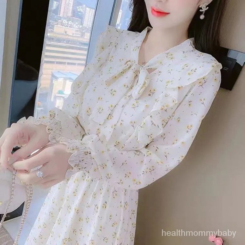 Trang Phục Cho Con Bú Đi Chơi  Hoa Váy Liền Dài Tay Mỏng  Váy Dài Thắt Nơ Mặc Bên Trong Cho Con Bú