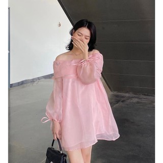 Váy đầm trễ vai dự tiệc nơ tay dài ulzzang dáng ngắn du lịch biển mùa hè sexy siêu xinh