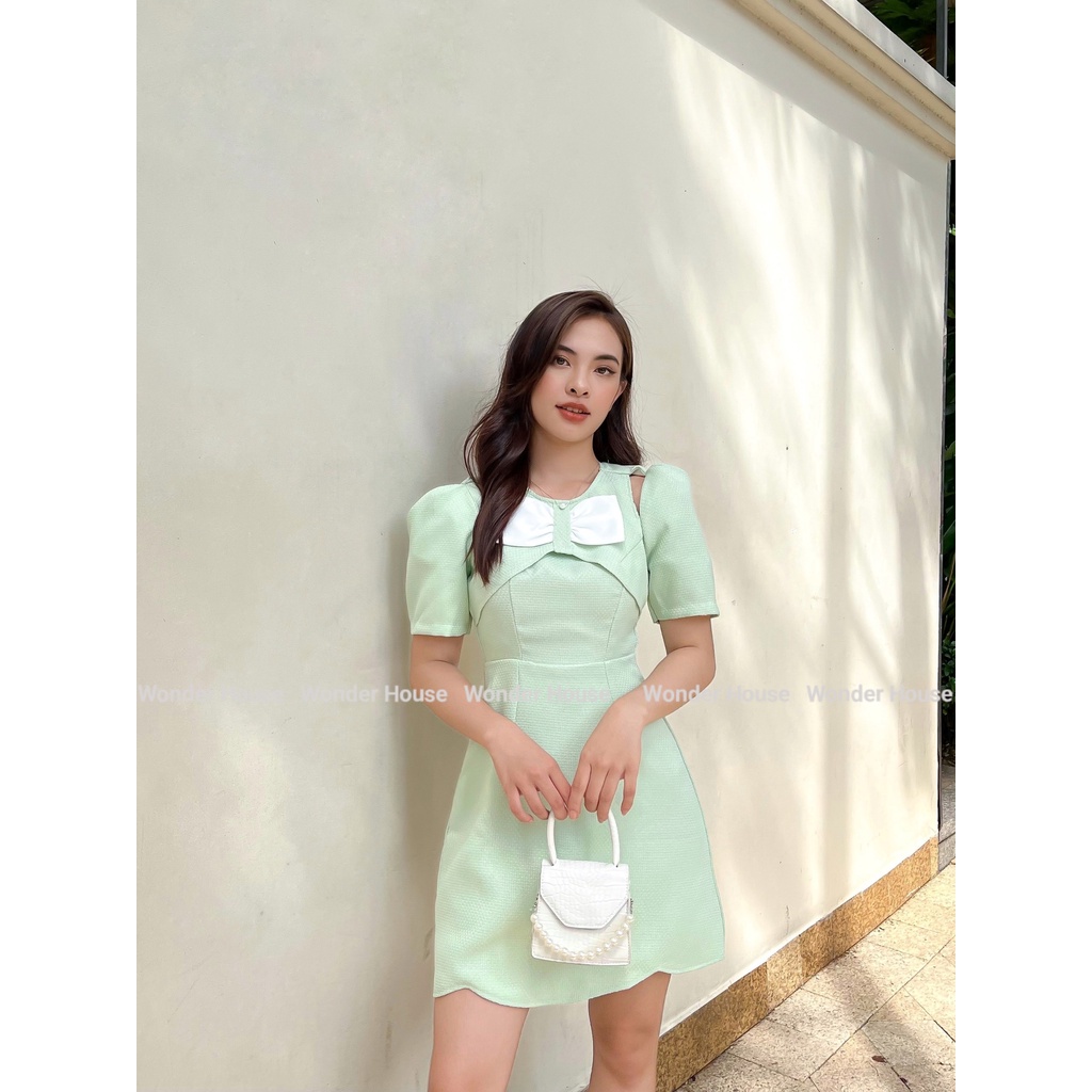 Đầm thiết kế WONDERHOUSE cổ tròn phối nơ tay tiêu thư dạo phố, dự tiệc nhẹ thanh lịch  - Lacy Dress