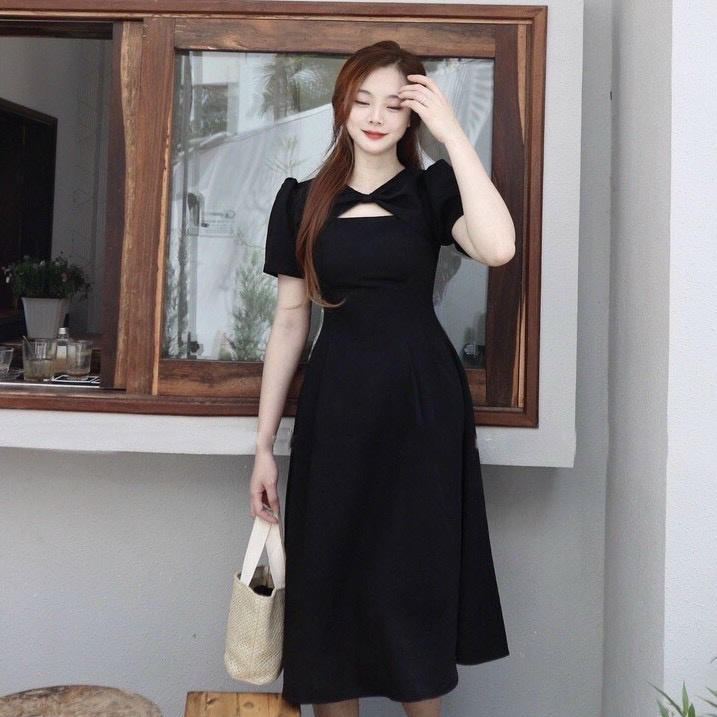 Đầm váy freesize midi đen cổ khoéc