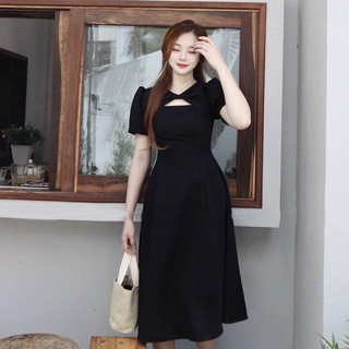 Đầm váy freesize midi đen cổ khoéc