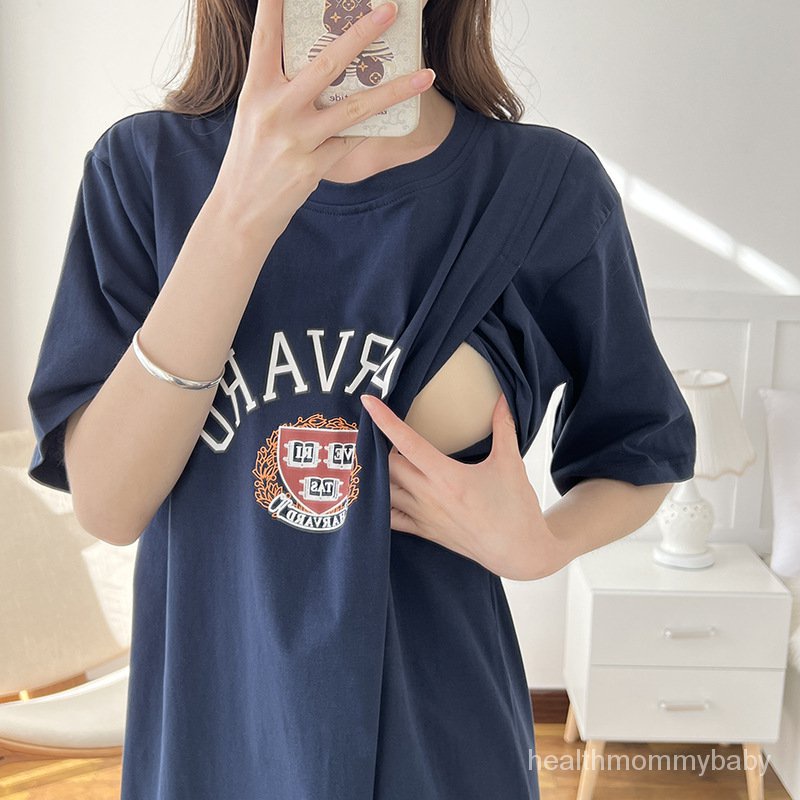 Trang Phục Cho Con Bú Quá Đầu GốiTÁo Sơ Mi Váy Sau Sinh Mặc Bên Ngoài Trang Phục Bà Bầu Kích Thước Lớn 95Bông Chất Lượng