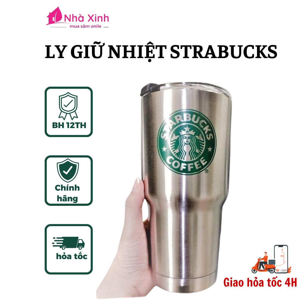 Ly Giữ Nhiệt Logo Starbuck 900ml Chống Tràn Chất Liệu INOX Tặng Kèm Ống Hút Giữ Nhiệt Suốt 24H, Cốc Giữ Nhiệt Bạc Trơn