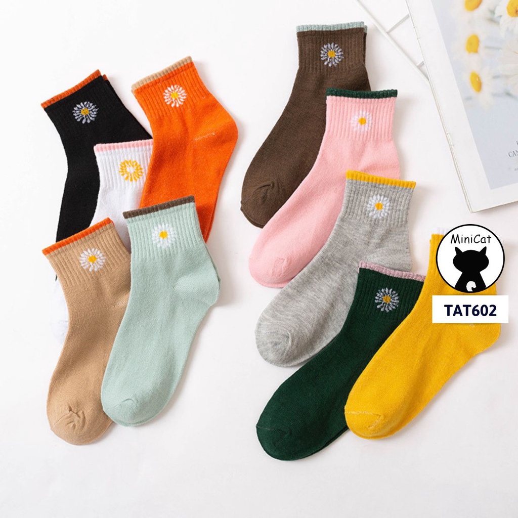 Tất vớ nữ cao cấp phong cách Hàn Quốc chất dày thêu hoa cúc MiniCat TAT602