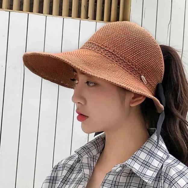 Mũ nón nữ cói gấp gọn nửa đầu thắt nơ sau phong cách Hàn Quốc