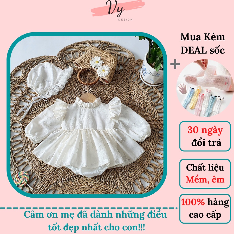 Váy Bé Gái VY DESIGN. Set Body Váy Bé Gái Tay Bồng Kèm Mũ, Set Đầm Đầy Tháng, Váy Sơ Sinh Thiết Kế