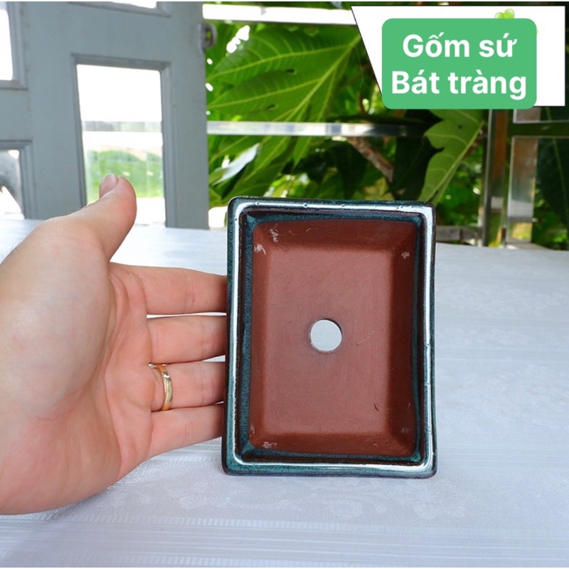 Chậu chữ Nhật men xanh gốm bát tràng sen đá