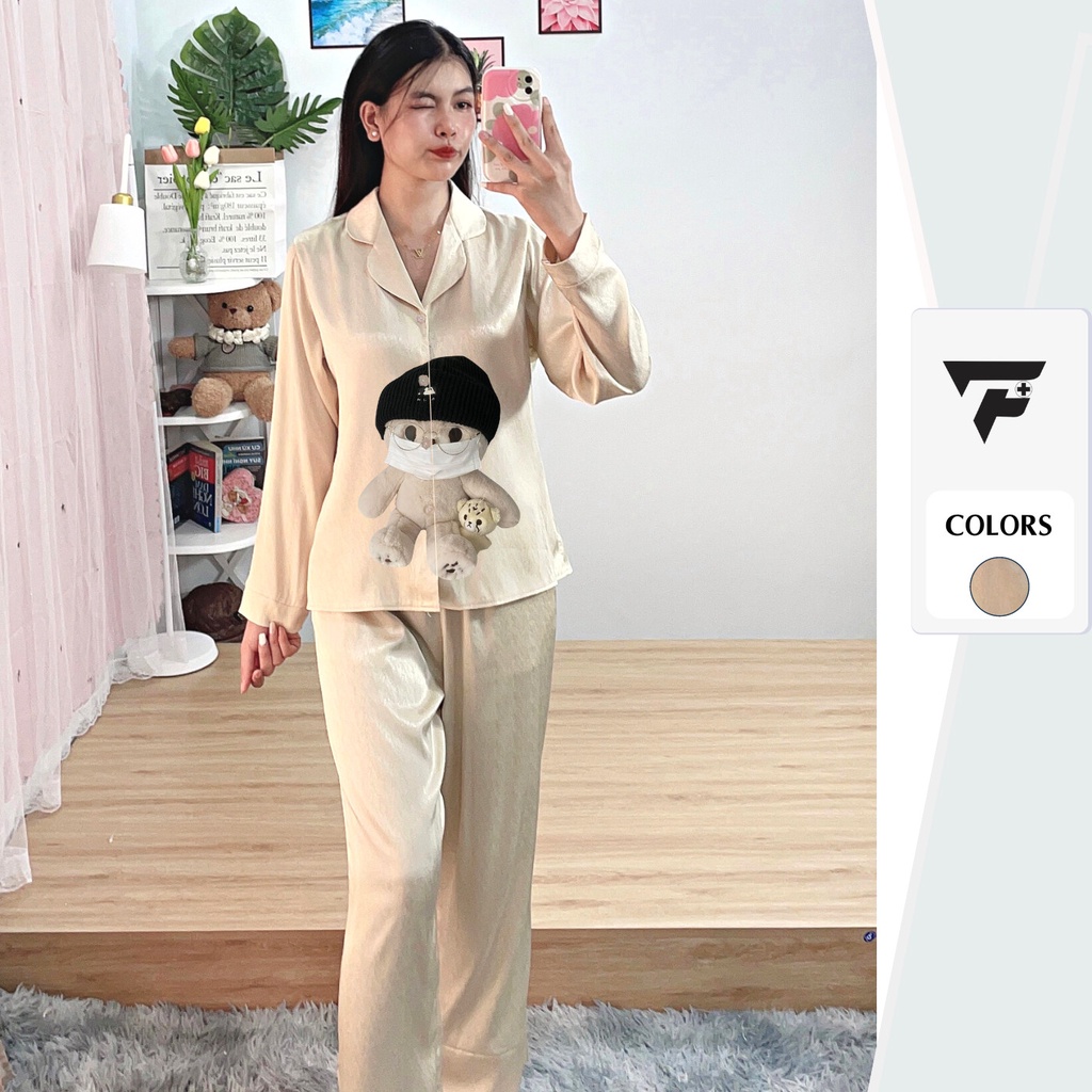 Bộ pijama TƠ TẰM ÁNH KIM T1 in hình gấu cute mặc nhà mặc ngủ tay dài quần dài