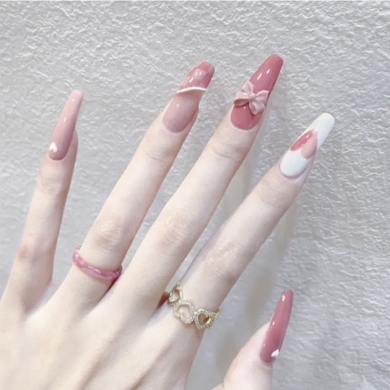 Nailbox Set 24 móng tay giả dáng dài đính nơ đá hoạ tiết kèm keo dán