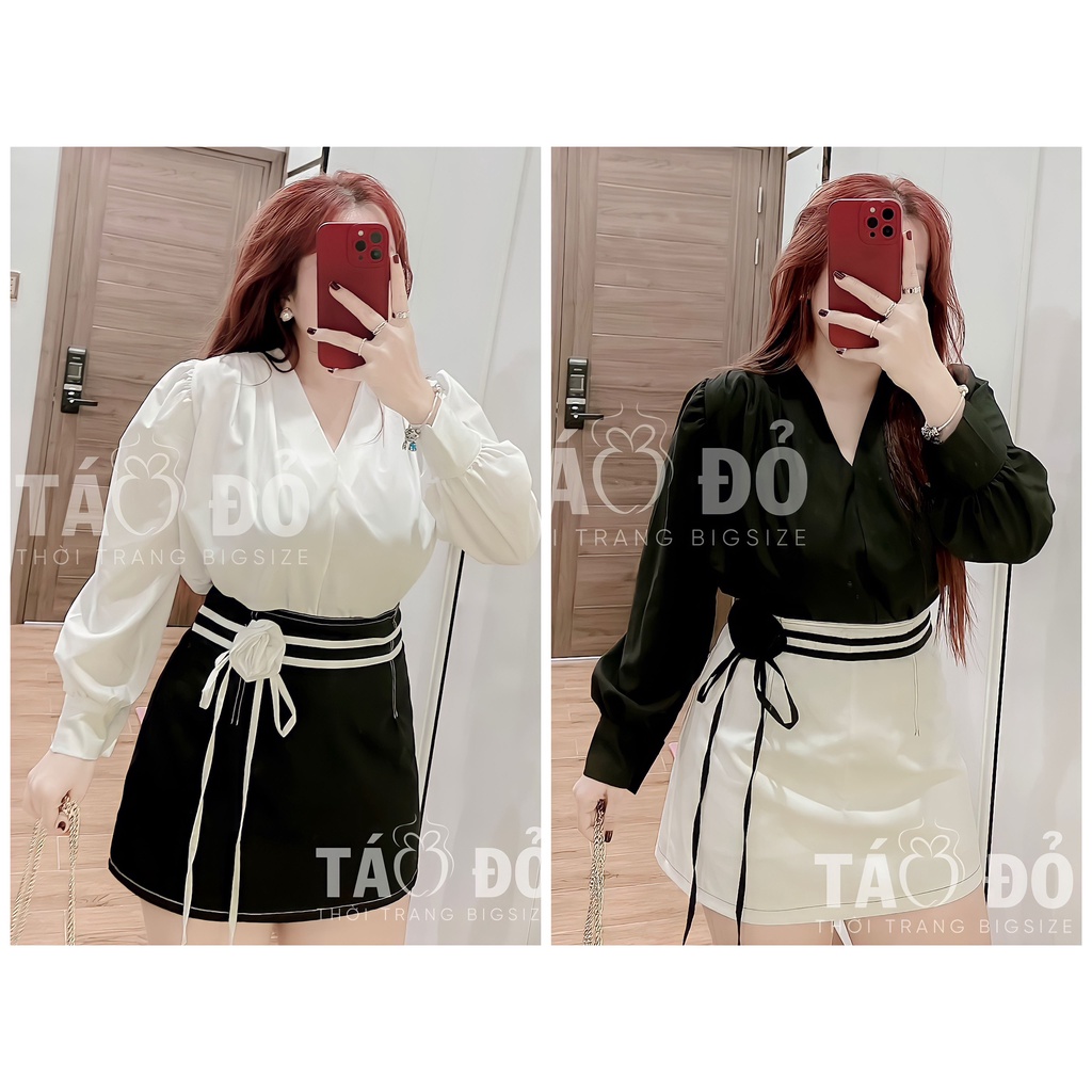 SET ÁO CỔ V CHÂN VÁY LƯNG HOA SANG TRỌNG S194 (TÁO ĐỎ BIGSIZE 55-90KG) 🍎🍎🍎