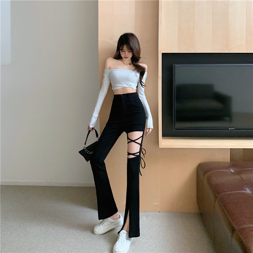 QADCOL Quần jeans Nữ Lưng Cao Xẻ Tà Màu Đen Thời Trang