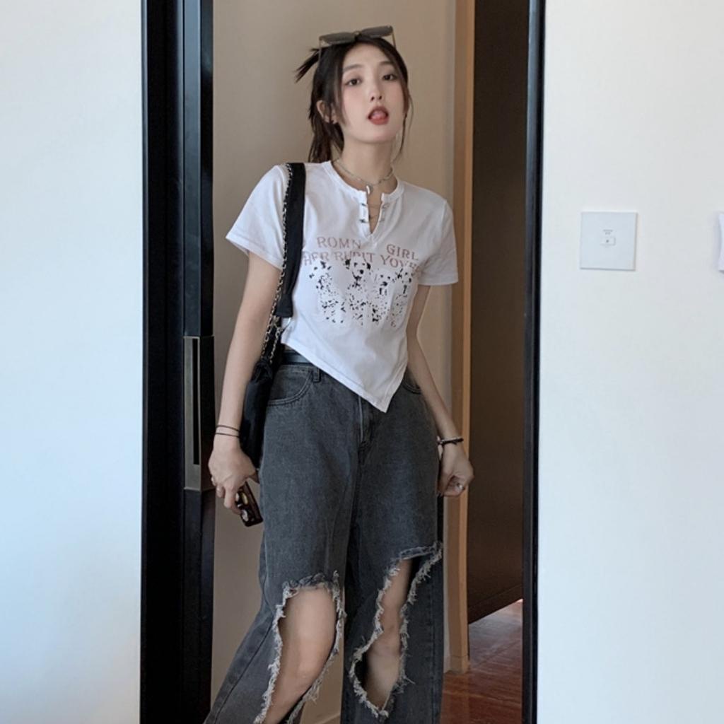 Áo croptop nữ vạt nhọn ngắn tay in hình những chú chó dễ thương GenY, Áo kiểu nữ ôm body -C19-