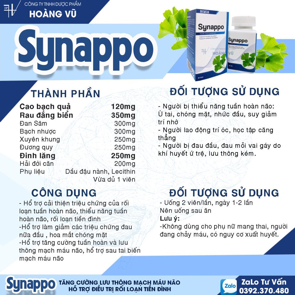 Synappo tăng cường tuần hoàn, lưu thông máu não