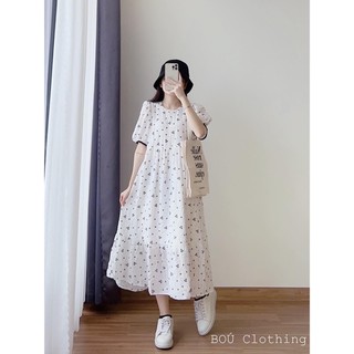 Đầm babydoll trắng suông hoa nhí viền đen đuôi cá