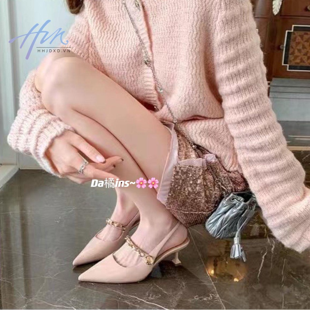 Sandal Cao Gót Mũi Nhọn Hở Ngón Phối Khóa Vàng Phong Cách Thời Trang Hàn Quốc 2023