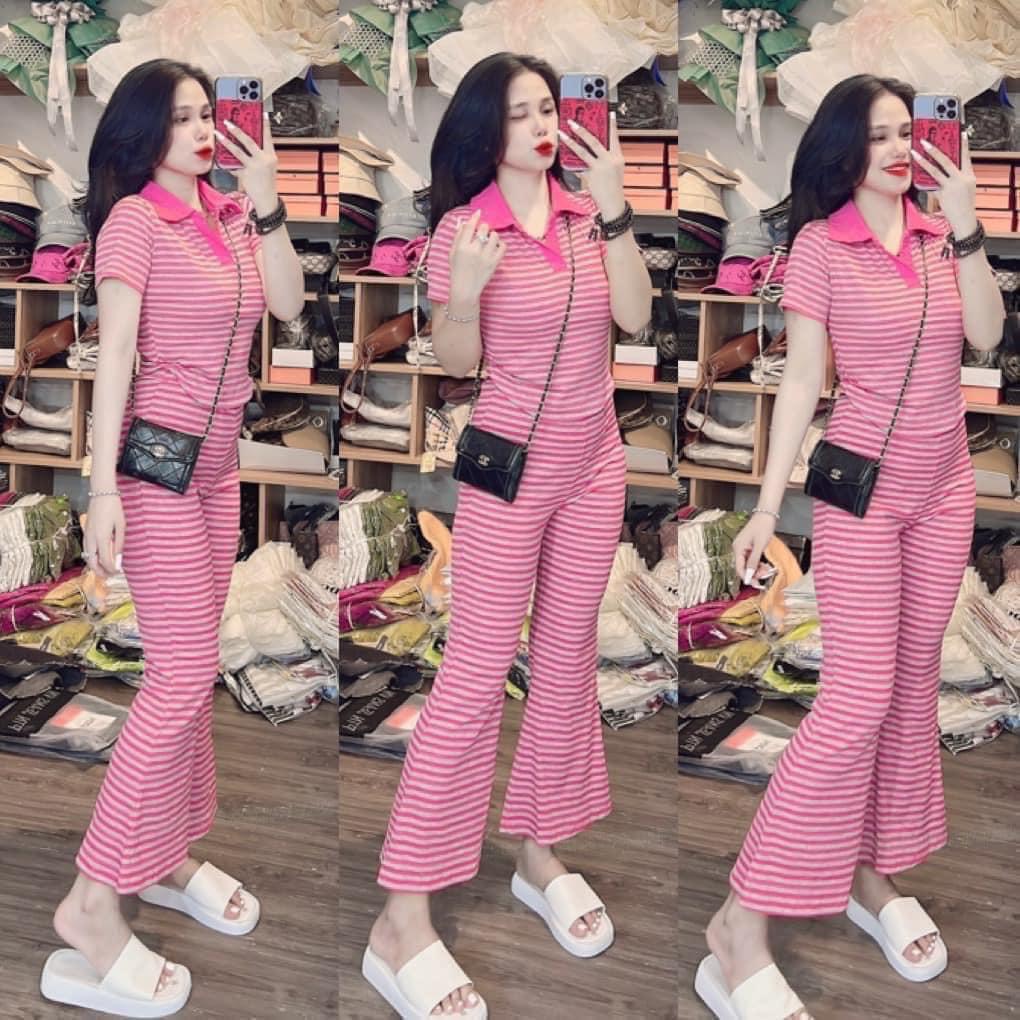 Set bộ thun gân sọc quần dài, set áo cổ bẻ tay ngắn kẻ sọc phối quần dài ống loe đơn giản, set dạo phố năng động
