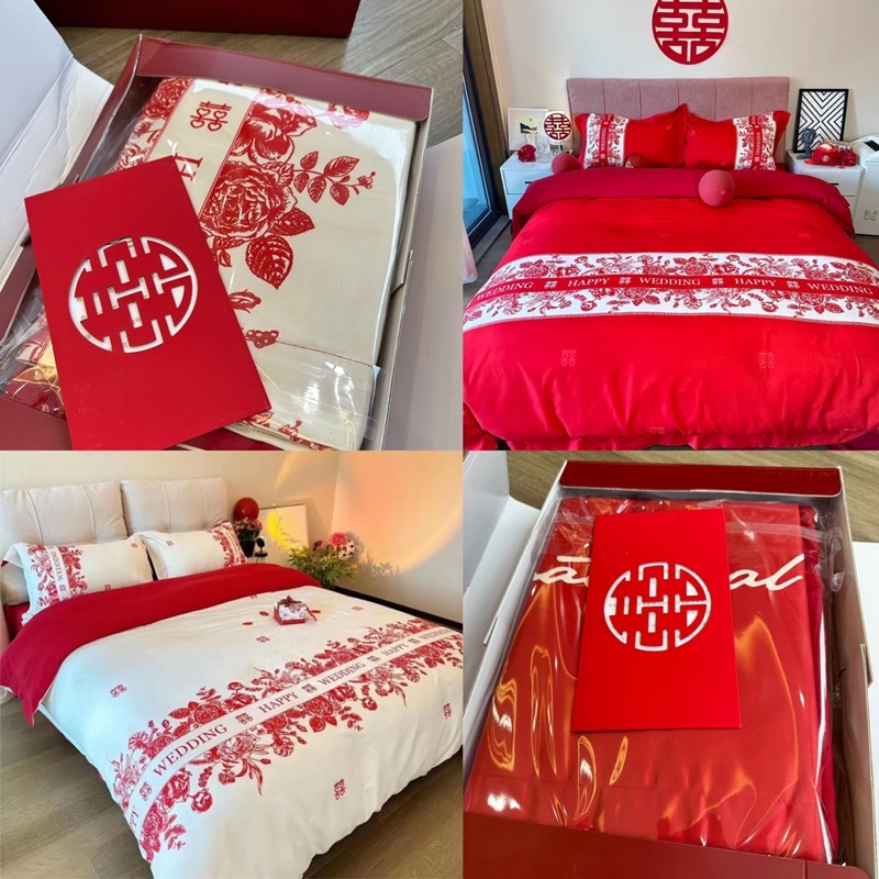 Bộ chăn ga gối cưới Wedding lụa đỏ sateen ngày trọng đại in hoạ tiết ý nghĩa kèm feedback ảnh thật
