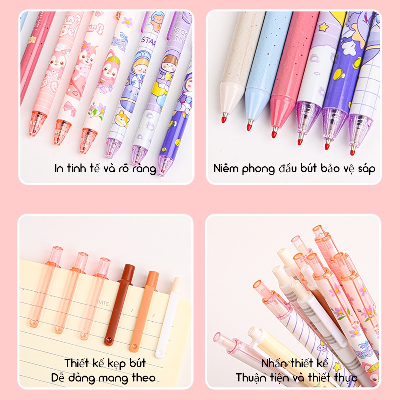 Set 6 Bút Mực Nước Ngòi 0.5Mm In Họa Tiết Hoạt Hình Dễ Thương