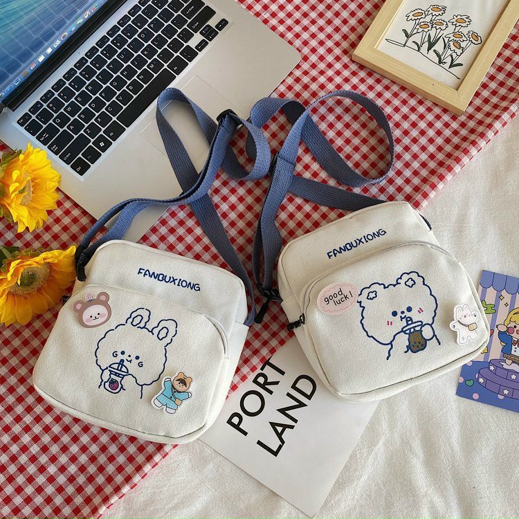 Túi Đeo Chéo Vải Canvas Mini In Họa Tiết Hoạt Hình Dễ Thương