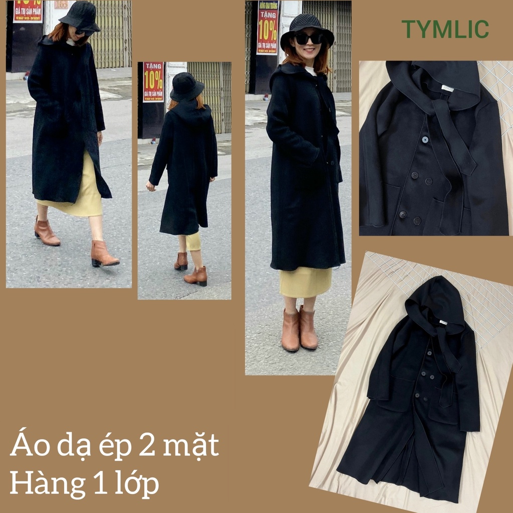 Áo Dạ Ép 2 Mặt Lông Cừu Màu Đen Tuyền Có Mũ TYMLIC