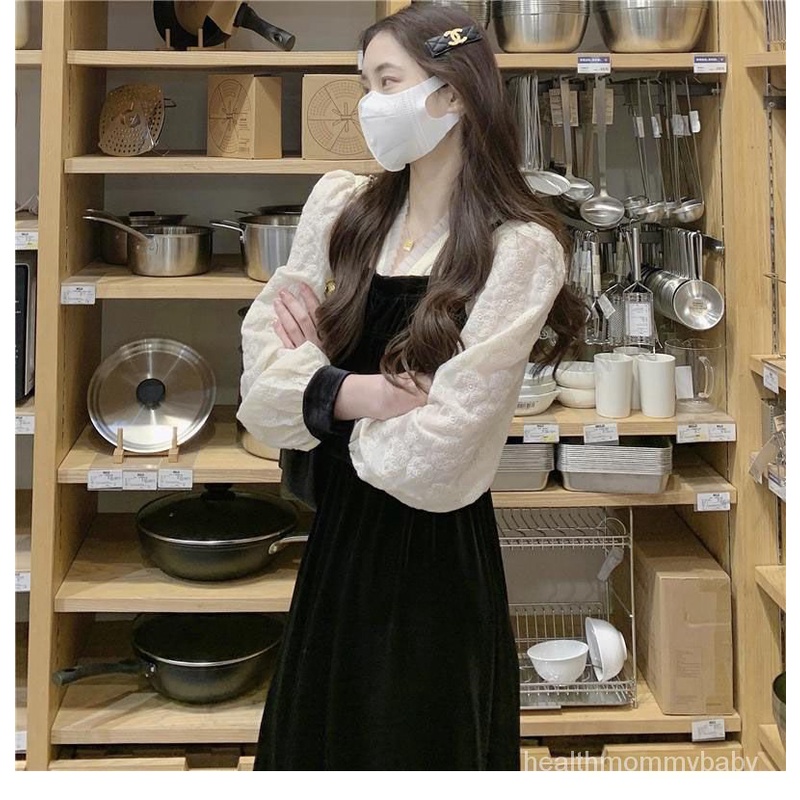 Trang Phục Cho Con Bú  Đi Chơi  Hai Mảnh Váy Liền Mùa Thu   Váy Cho Con Bú Qua Đầu Gối Ren Khâu Nhung