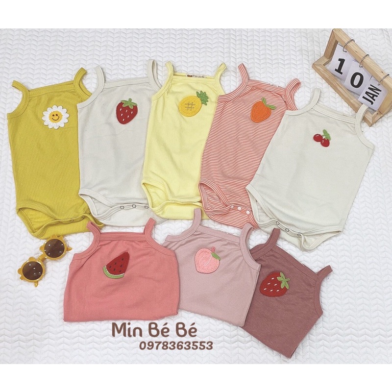 Bodysuit 2 dây thun gân thêu hình cho bé gái