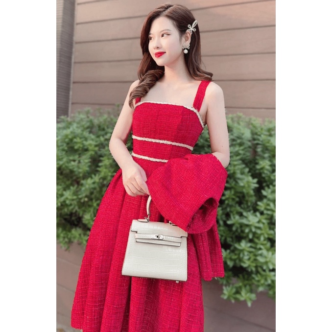 ĐẦM KÈM KHOÁC ĐẦM HAI DÂY ÔM EO DÁNG DÀI TONE MÀU ĐỎ SIÊU NỔI BẬT ĐI CHỚI DỰ TIỆC MẪU MỚI CỰC HOT ILOVECARE