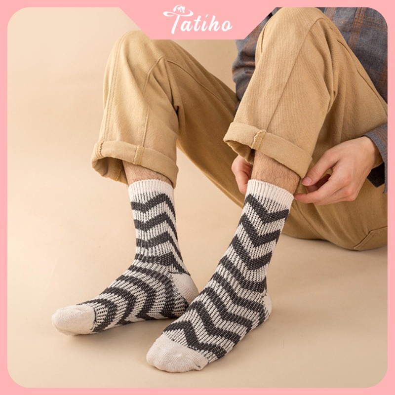 Vớ Tất cổ cao unisex nam nữ chất liệu len dệt mềm mịn họa tiết sóng phong cách vintage thời trang thu đông - mã TV032