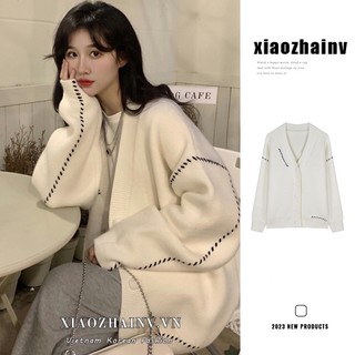 Xiaozhainv Áo khoác cardigan dệt kim dáng rộng màu trắng thời trang Hàn Quốc dành cho nữ