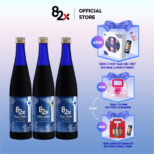 Mỹ nhân không tuổi Collagen 82X dạng nước Nhật Bản Combo 3 chai: Placenta + Collagen + Placenta (500ml/chai).