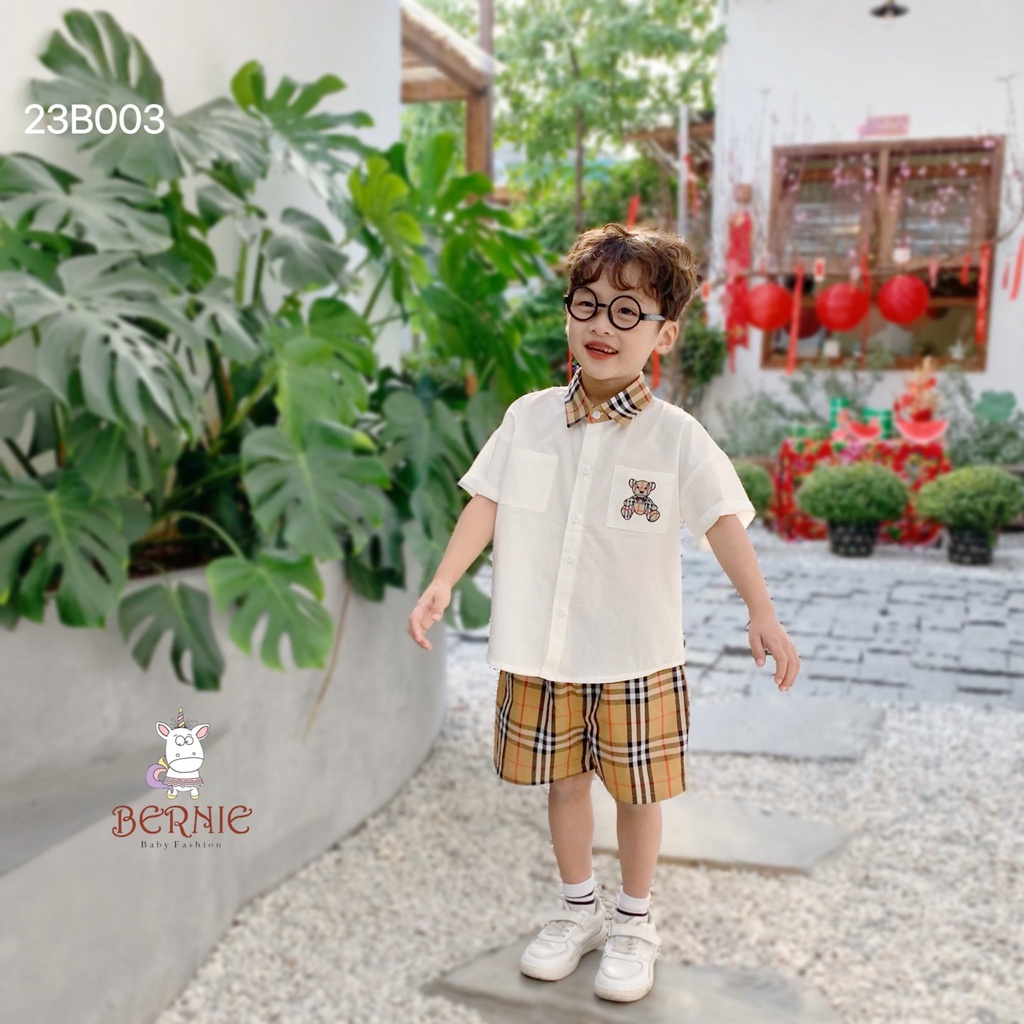 Bộ sơ mi bé trai kẻ túi gấu 80-130