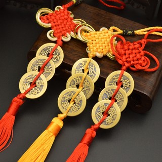 Dây tiền xu kết chỉ đỏ, dây tam đế bằng đồng thau may mắn