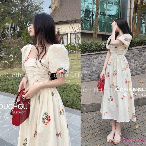 Váy Đầm Hoa Thêu Nổi Cổ Vuông Xếp Ly Ngực Dáng Dài Tiểu Thư Chất Thô QC