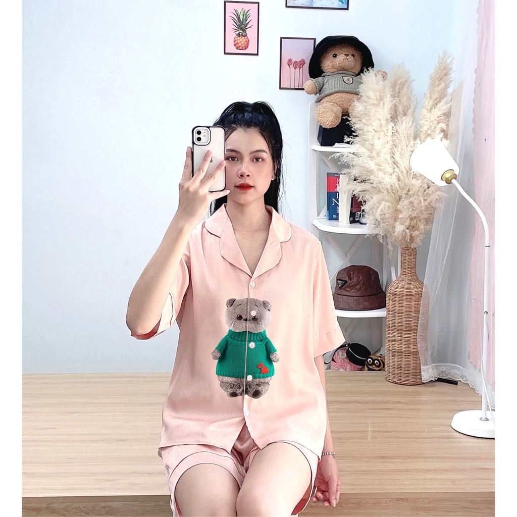 Bộ pijama đùi tơ tằm ÁNH KIM D4 mặc nhà mặc ngủ in hình chú mèo dễ thương FPLUS PJM